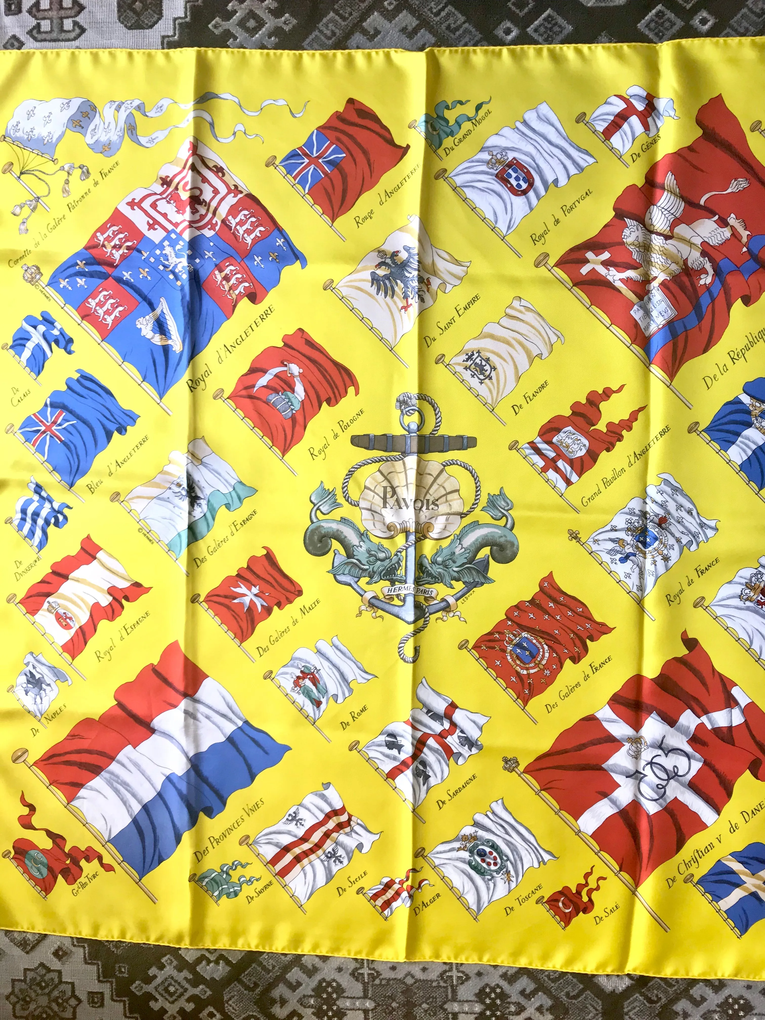 Vintage HERMES Carre large yellow silk scarf with red, blue, and white flag print. Best foulard.  PAVOIS.