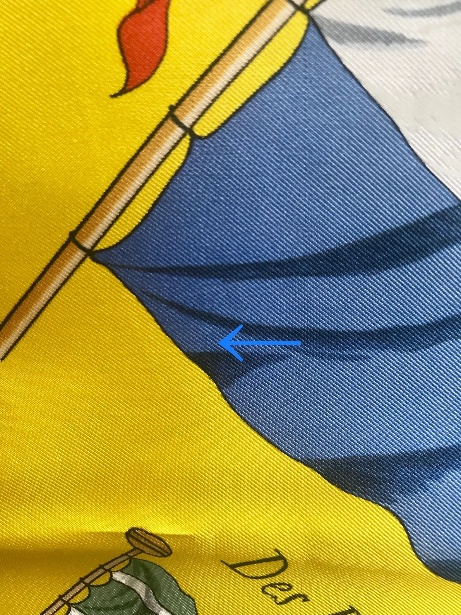 Vintage HERMES Carre large yellow silk scarf with red, blue, and white flag print. Best foulard.  PAVOIS.