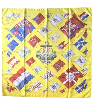 Vintage HERMES Carre large yellow silk scarf with red, blue, and white flag print. Best foulard.  PAVOIS.